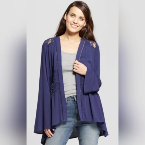 Knox Rose Open-Front Cardigan Lace Back & Crochet Navy Blue XXL - Picture 3 of 9